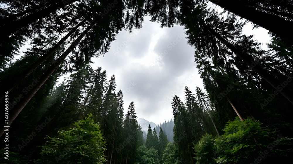 Poster low-angle view of tall trees forming a natural frame around a cloudy sky