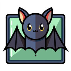 An adorable cartoon bat with big, endearing eyes peeking from a digital frame, showcasing a playful and friendly Halloween spirit in bold, graphic style.