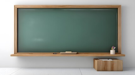 Large green blackboard with wooden frame stands on a white classroom wall, accompanied by chalk and eraser, offering a clean, photorealistic educational setting.  