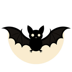 A cute little bat takes flight on a creamy moon, a whimsical Halloween night scene in simple black silhouette.