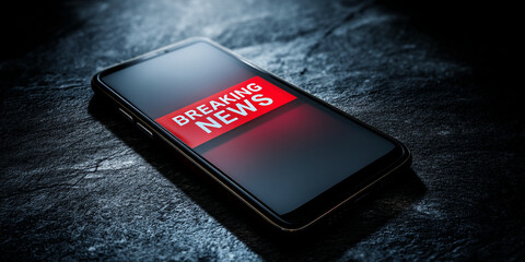 Smartphone displaying breaking news notification on dark surface, showcasing urgency and importance of information dissemination via mobile technology