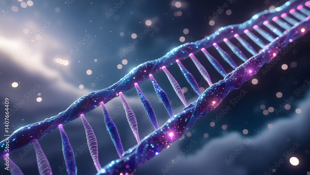 Poster dna strand in space: a visually captivating depiction of a dna strand gracefully floating amidst a c