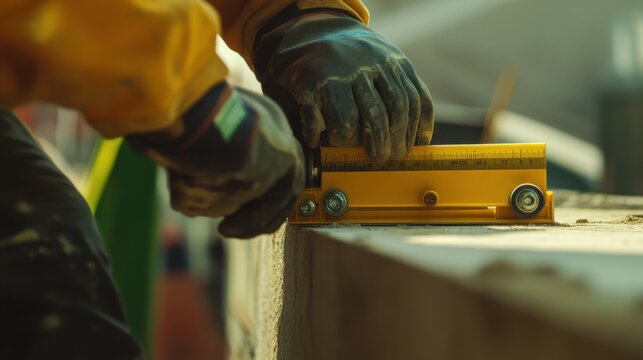 Construction worker using a laser level to ensure accurate placement. Featuring precision and technology