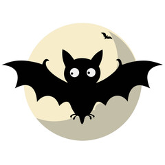 A whimsical bat soars against a pale moon on Halloween night, a simple silhouette against a soft yellow background.