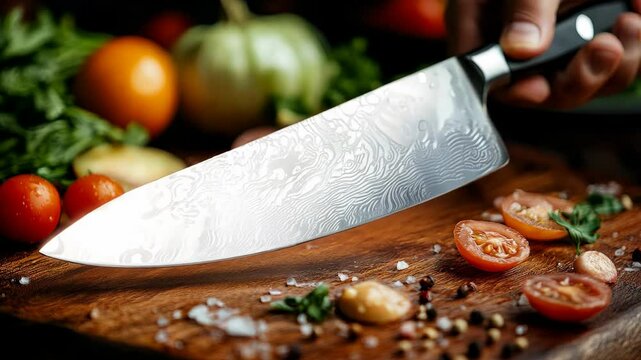 Damascus Steel Chef Knife Preparing Fresh Ingredients Culinary Cooking Concept Video
