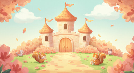 Adorable squirrels approach a fairytale castle nestled in a whimsical autumnal landscape with soft