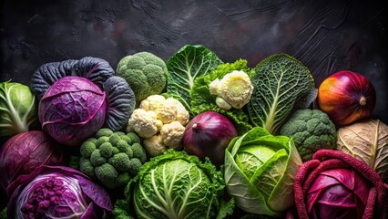 Dark background featuring assorted cabbages in various types and colors