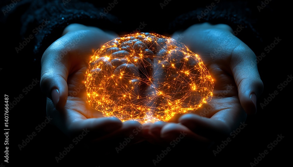 Poster human hands holding a glowing digital brain with neural network connections, symbolizing the evoluti