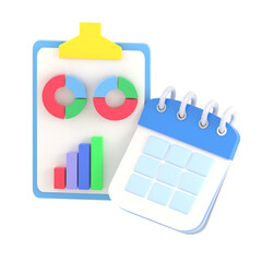 3D rendered calendar icon with business report bar diagram. Represents reminders for meetings, events, or tasks in a planner on transparent PNG background.