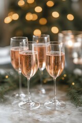 Festive Pink Champagne Flutes Bubbles Celebration Toast Bokeh Lights Holiday