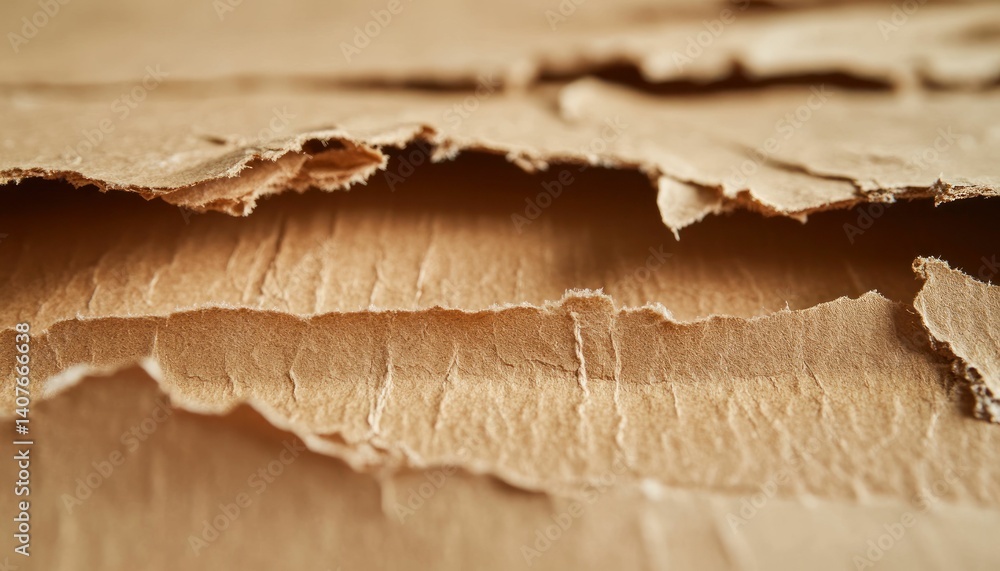Poster macro image of ripped brown corrugated cardboard texture showing layers