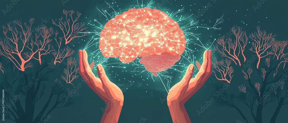 Poster human hands supporting a digital brain with visible neural network connections, representing the fut