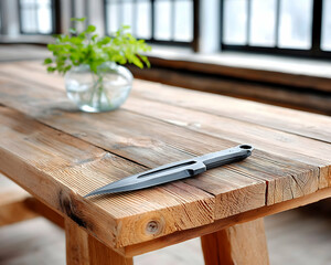 Rustic wooden table with a sleek, dark throwing knife and a small plant