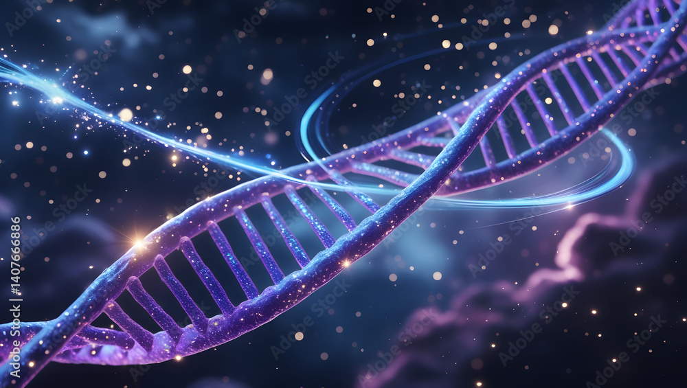 Poster dna helix in the cosmos: a mesmerizing rendering of a double helix floating gracefully in a vibrant 