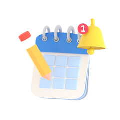 3D rendered calendar icon with a bell notification and pencil. Represents reminders for meetings, events, or tasks in a planner on transparent PNG background.