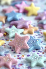Multicolored Star Sprinkles Pastel Confetti Decoration Topping White Surface Close-up