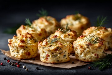 Fototapeta premium Savory herb and cheese muffins baked to perfection on a rustic wooden table with natural lighting