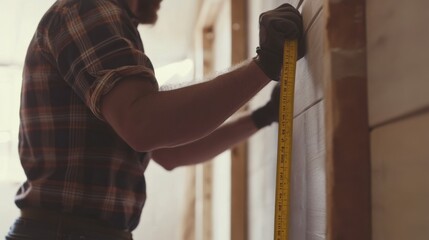 Construction worker using a measuring tape to mark a wall. Featuring precision and focus