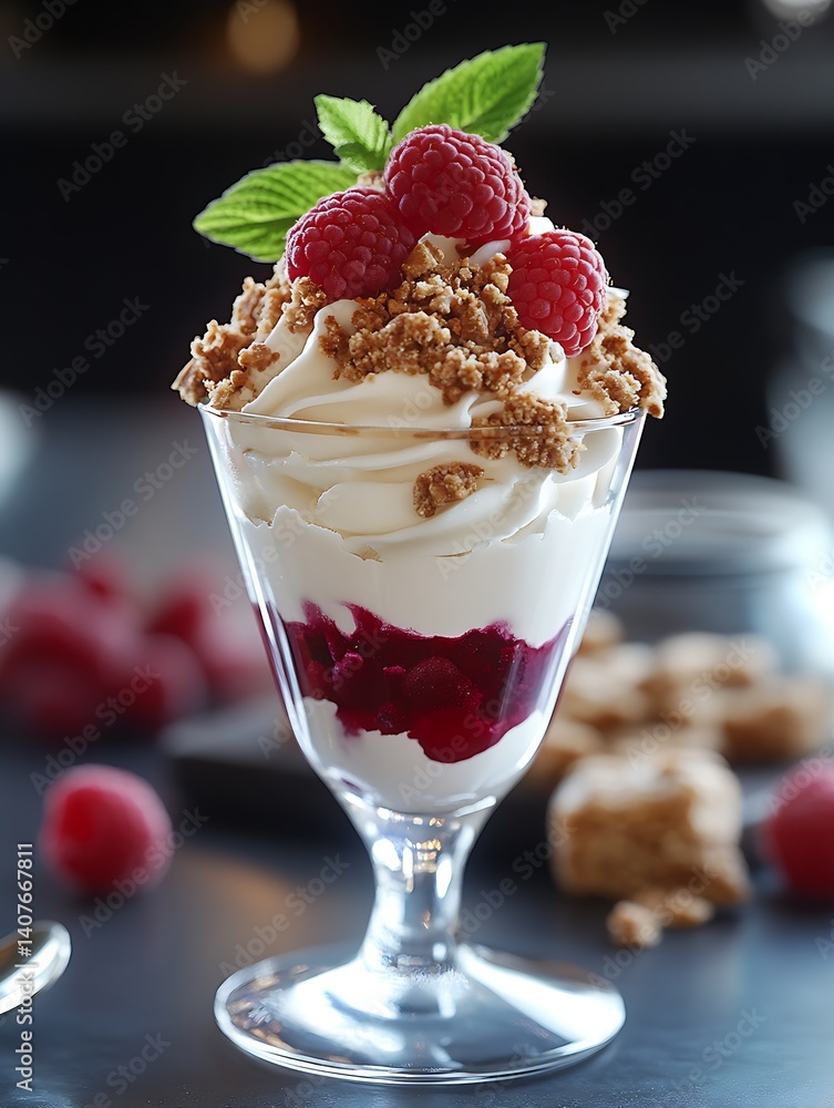 Poster Tempting Raspberry Parfait with Layers of Creamy Goodness and Crunchy Toppings Served in a Glass : Generative AI