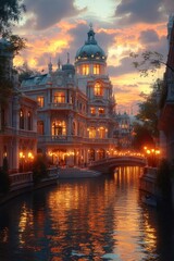 Obraz premium Historic Cityscape at Dusk with Illuminated Architecture and Water Feature