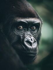 Obraz premium Close-up portrait of a gorilla looking directly at the camera, expressive eyes, detailed fur texture, rainforest in soft focus behind, intimate and emotional wildlife shot.