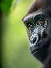 Fototapeta premium Close-up portrait of a gorilla looking directly at the camera, expressive eyes, detailed fur texture, rainforest in soft focus behind, intimate and emotional wildlife shot.