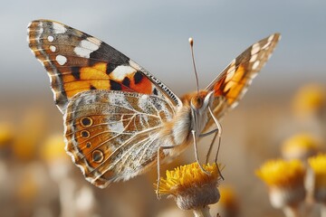Obraz premium Colorful butterfly perched on a vibrant yellow flower in a sunny meadow during springtime