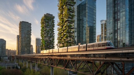 Naklejka premium Eco-Friendly Vertical Gardens on Modern Skyscrapers with Solar Panels and Green Skybridges, Electric Tram Commuting Below in Golden Hour Sustainable Cityscape
