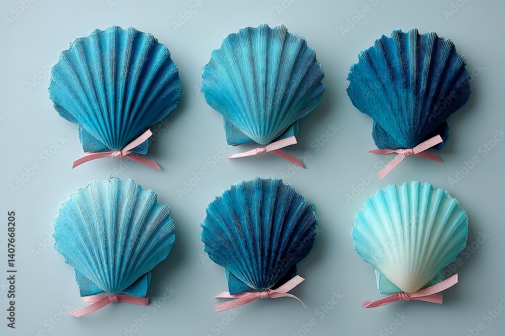 Poster colorful seashell decorations arranged in a symmetrical pattern on a light background