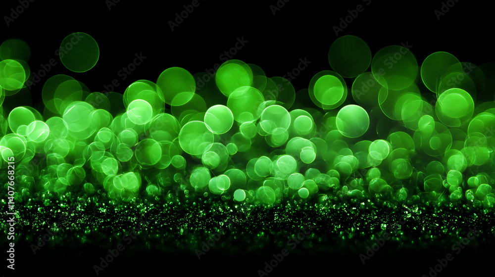 Poster Abstract image of green bokeh lights on a dark background, creating a festive and sparkling effect, ideal for celebratory designs or as a backdrop