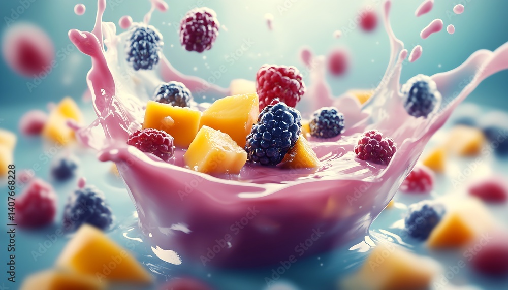 Poster stunning splash of colorful fruit in creamy yogurt creating a vibrant dessert scene : generative ai