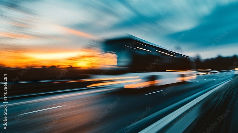Poster Fast Movement of a Bus on an Empty Road With an Orange Sunset Lighting Up the Sky : Generative AI