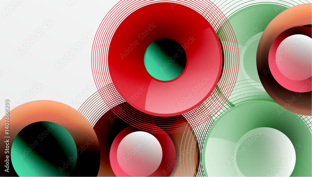 Aufkleber Abstract composition featuring overlapping circles, vibrant colors, dynamic lines. Modern design, geometric shapes create visual depth, sleek aesthetic.