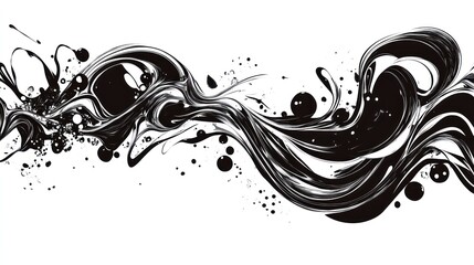 Abstract black and white fluid swirls and splatters design.