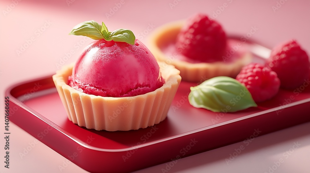 Poster tasty raspberry sorbet in a tart shell with fresh berries creating an appealing dessert : generative
