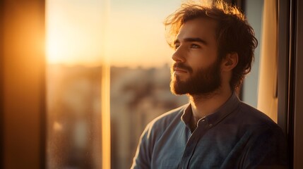 A man standing by a window with a thoughtful expression gazing into the horizon