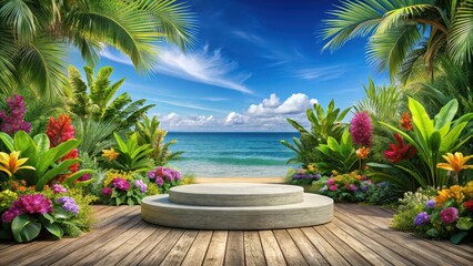 A seaside stone podium surrounded by lush tropical foliage with vibrant green leaves and colorful exotic flowers on a wooden dock overlooking the ocean, seashore, water