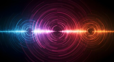 An abstract digital representation of sound waves, featuring concentric circles in vibrant colors transitioning from blue and pink to orange, creating a dynamic and energetic visual effect.