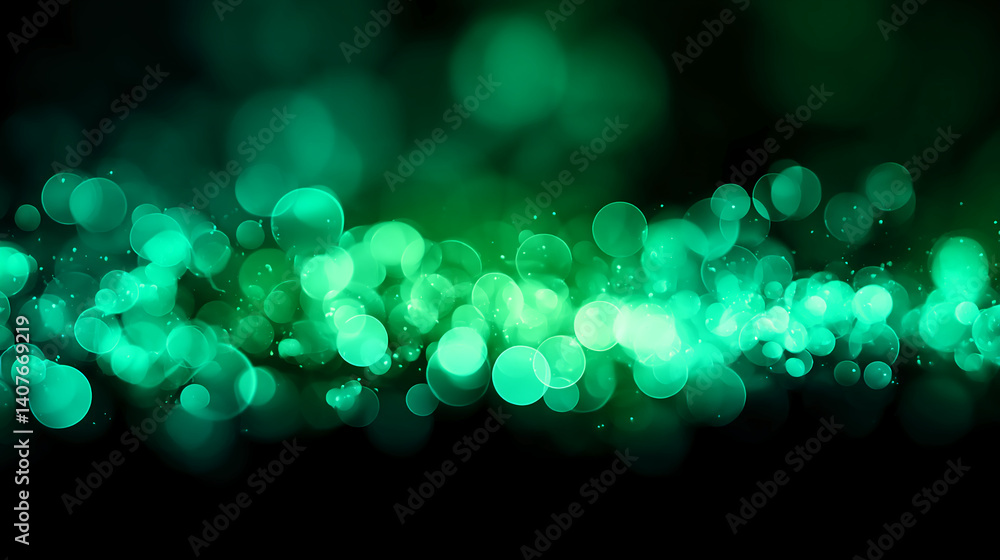 Poster abstract image of blurred green circles on black background, creating a bokeh effect, suggestive of 