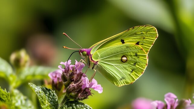 Vibrant green and yellow butterfly perches on purple wildflowers during spring pollination, copy space