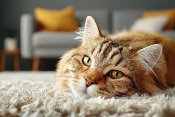 Relaxing feline on soft rug in cozy living room with modern furniture and warm colors