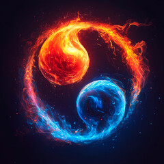 illustration of yin yang symbol depicted as flame of red and blue colors