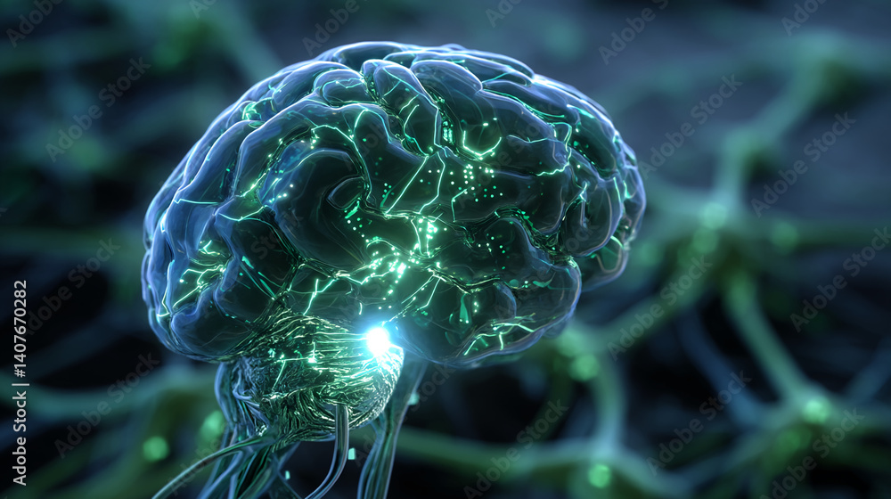 Poster close-up of a translucent, dark-blue brain with glowing green neural pathways, showcasing intricate 