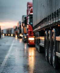 Truck driving with speed on the city street at night A row of vehicles, on a wet surface.