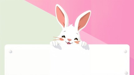 Fototapeta premium A white rabbit peeking over a blank sign