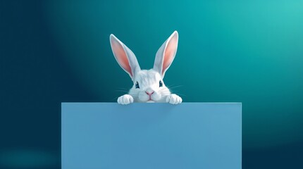 Obraz premium A white rabbit peeking over a blank sign