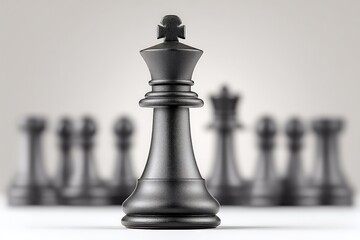 Chess king piece standing tall in focus with blurred pawns in the background during an indoor game setting