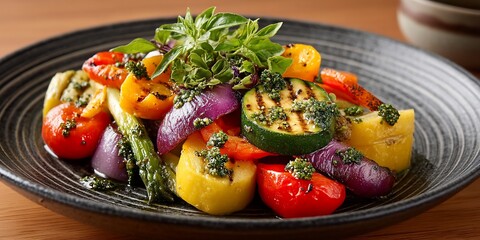 Grilled colorful vegetables on a plate. Fresh herbs and a savory drizzle on top