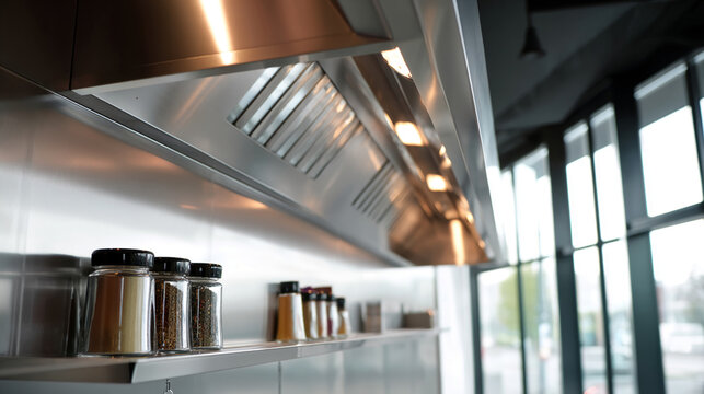 Stainless steel kitchen hood and shelf with spice jars, showcasing clean lines and modern design, representative of culinary professionalism and a sleek kitchen aesthetic