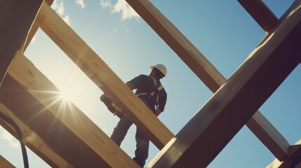 Construction worker using a power saw to cut wood beams. Featuring skill and accuracy
